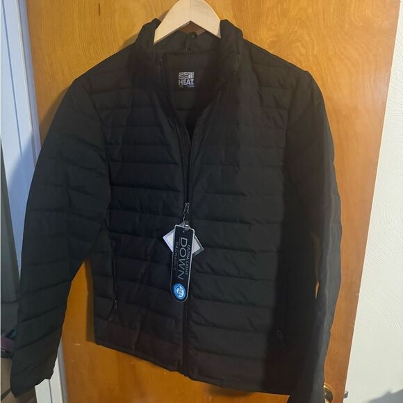 Down Puffer Jacket Mens Medium Black Zip Pockets - Picture 1 of 3